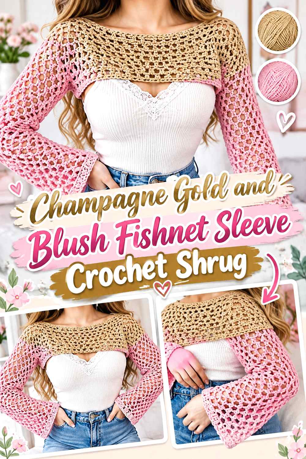 3. Champagne Gold And Blush Fishnet Sleeve Crochet Shrug
