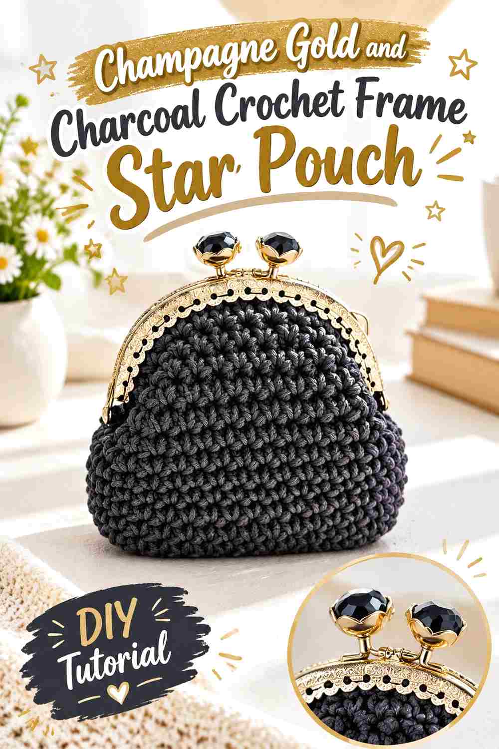 5. Champagne Gold And Charcoal Crochet Frame Star Pouch