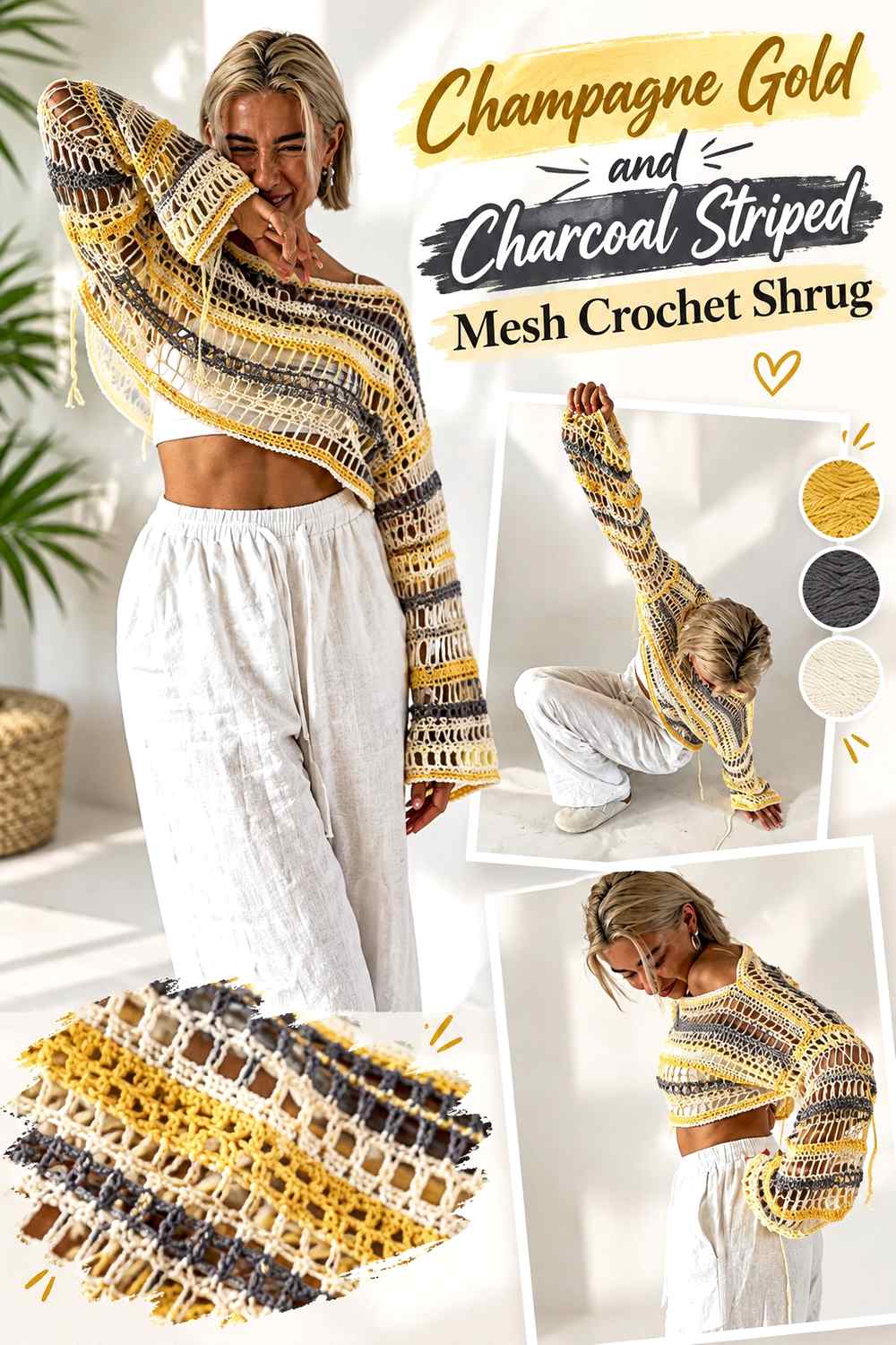 9. Champagne Gold And Charcoal Striped Mesh Crochet Shrug