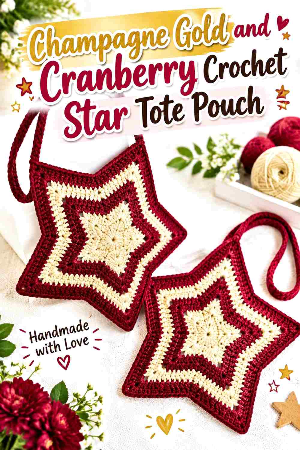 2. Champagne Gold And Cranberry Crochet Star Tote Pouch