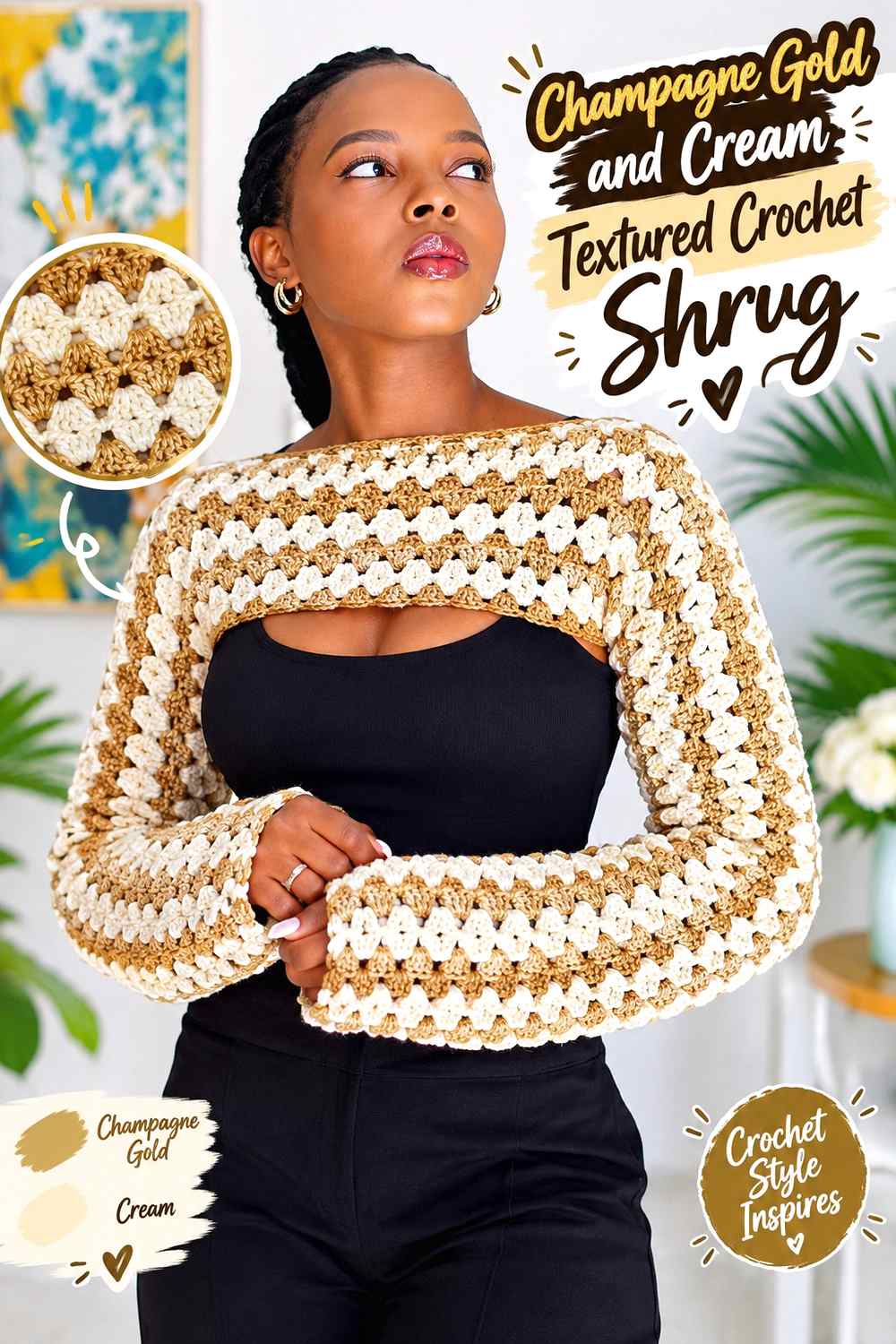 5. Champagne Gold And Cream Textured Crochet Shrug