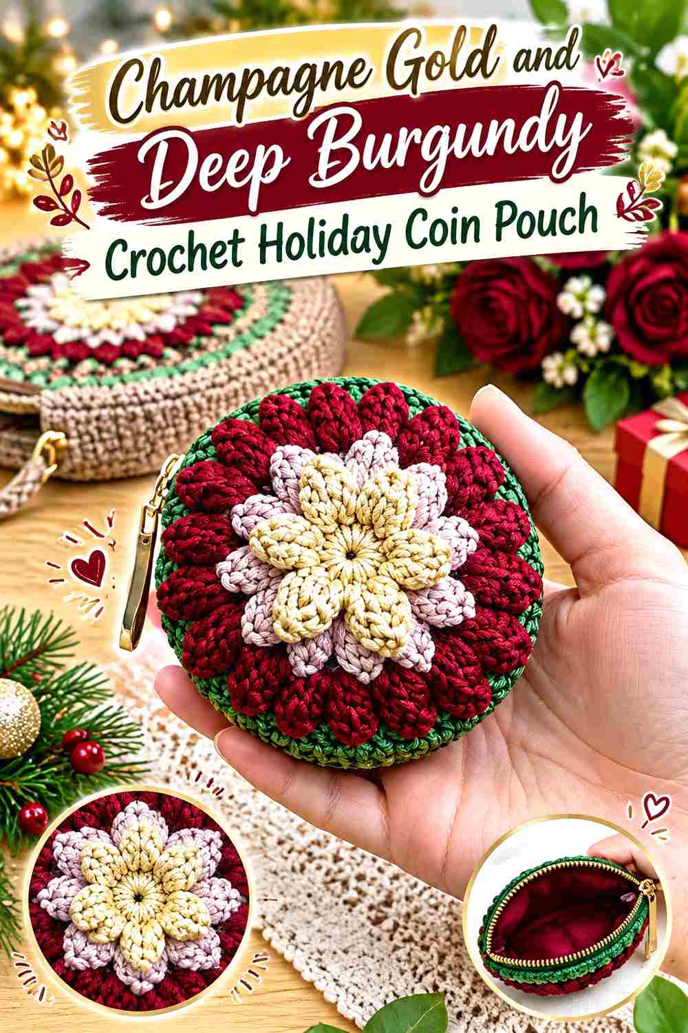 8. Champagne Gold And Deep Burgundy Crochet Holiday Coin Pouch