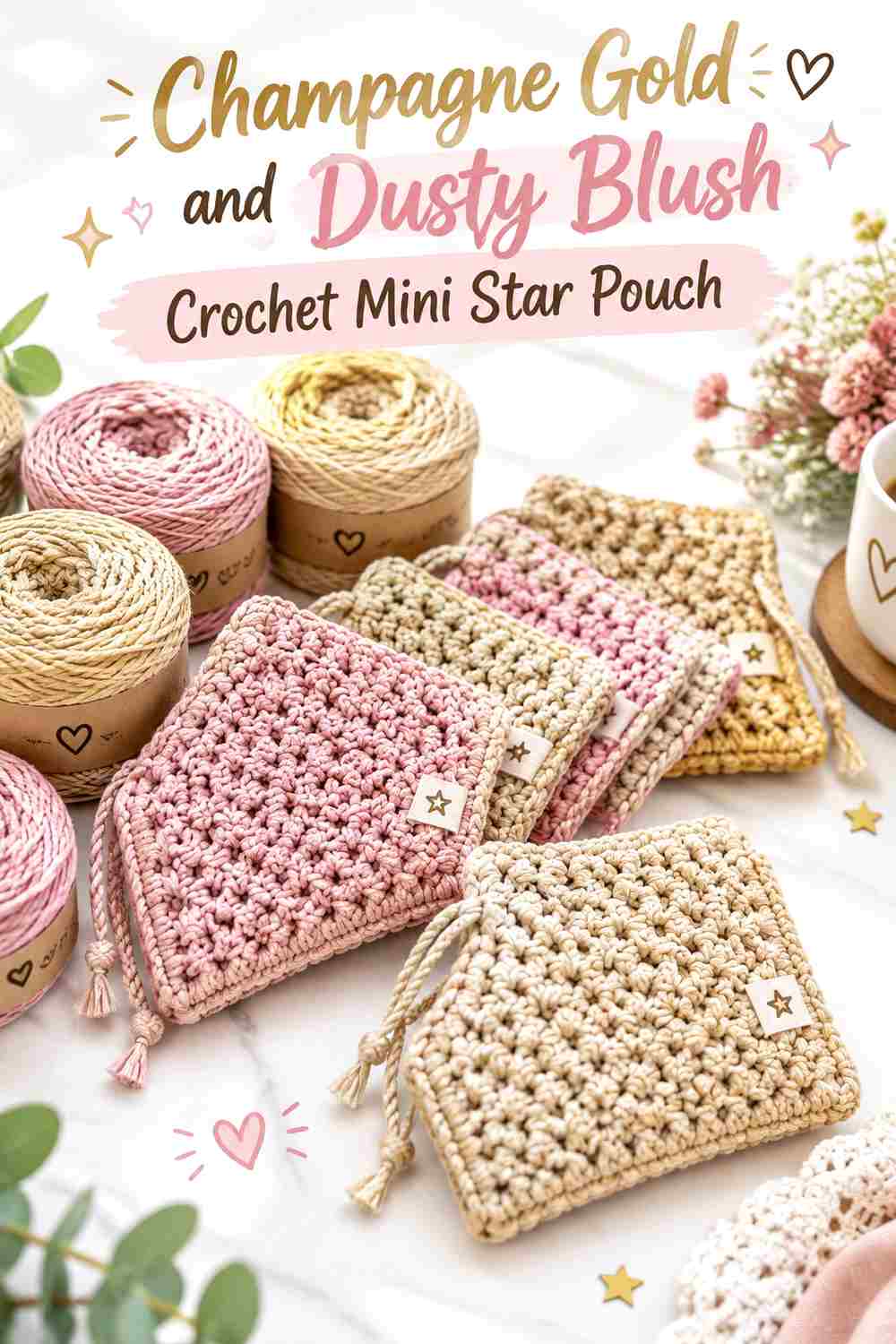 6. Champagne Gold And Dusty Blush Crochet Mini Star Pouch