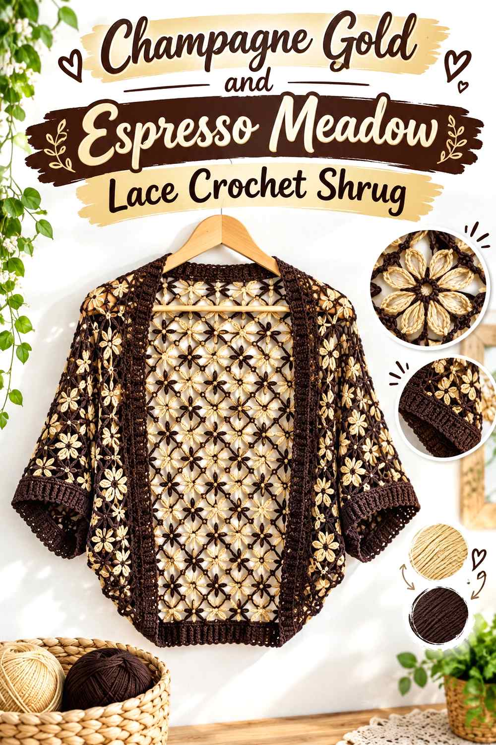 11. Champagne Gold And Espresso Meadow Lace Crochet Shrug