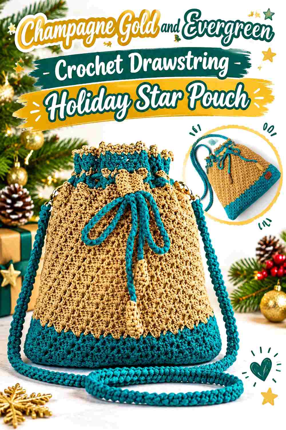 10. Champagne Gold And Evergreen Crochet Drawstring Holiday Star Pouch