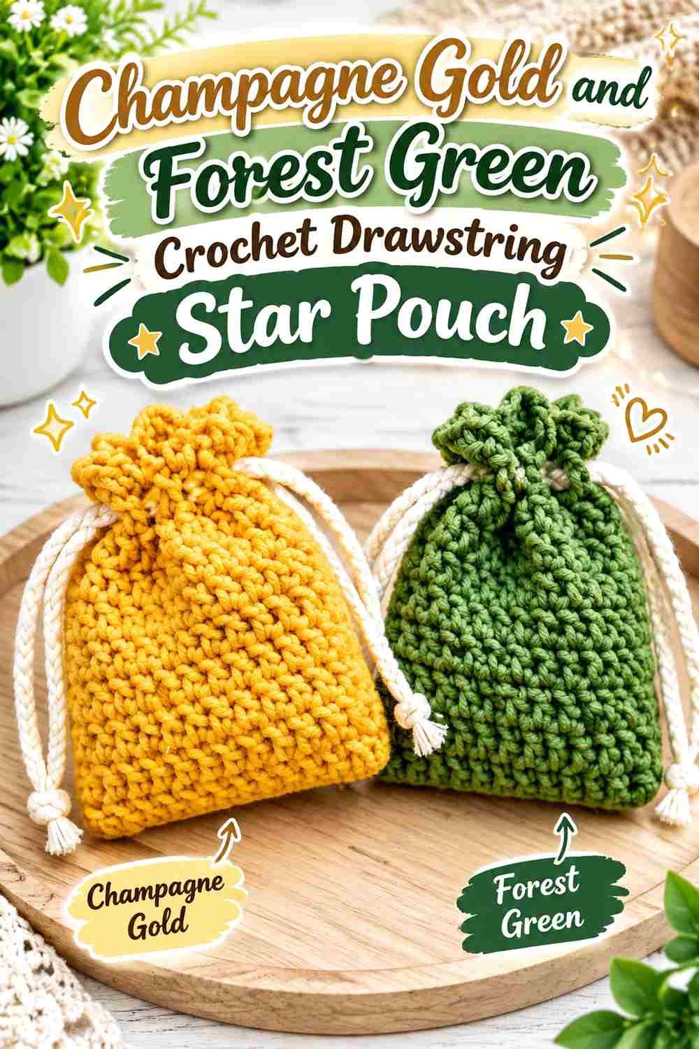 3. Champagne Gold And Forest Green Crochet Drawstring Star Pouch