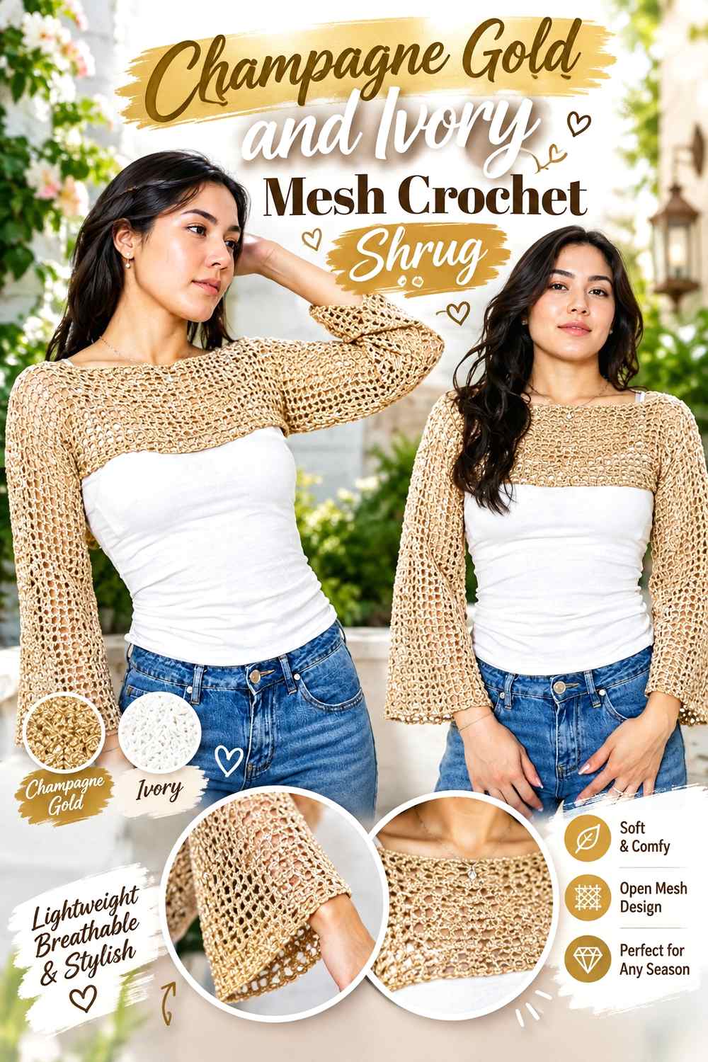 1. Champagne Gold And Ivory Mesh Crochet Shrug