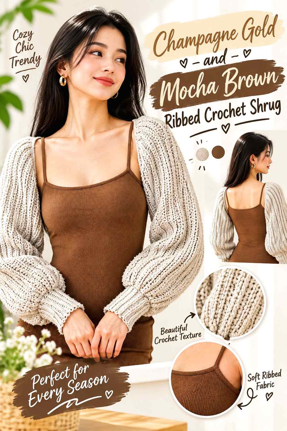 4. Champagne Gold And Mocha Ribbed Crochet Shrug
