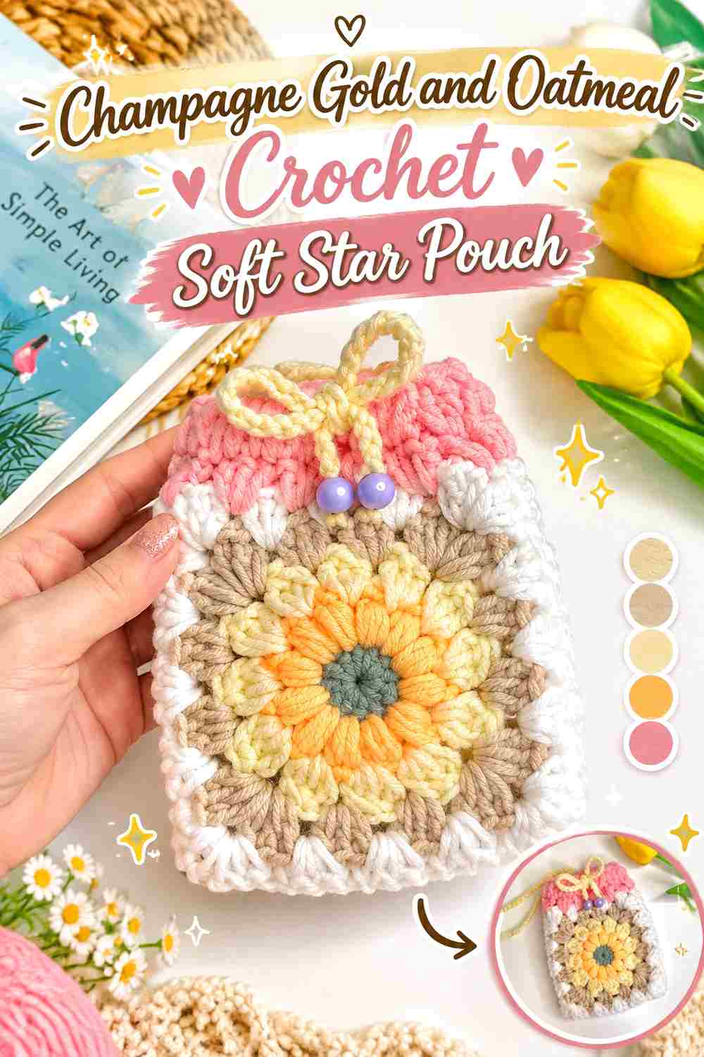 7. Champagne Gold And Oatmeal Crochet Soft Star Pouch