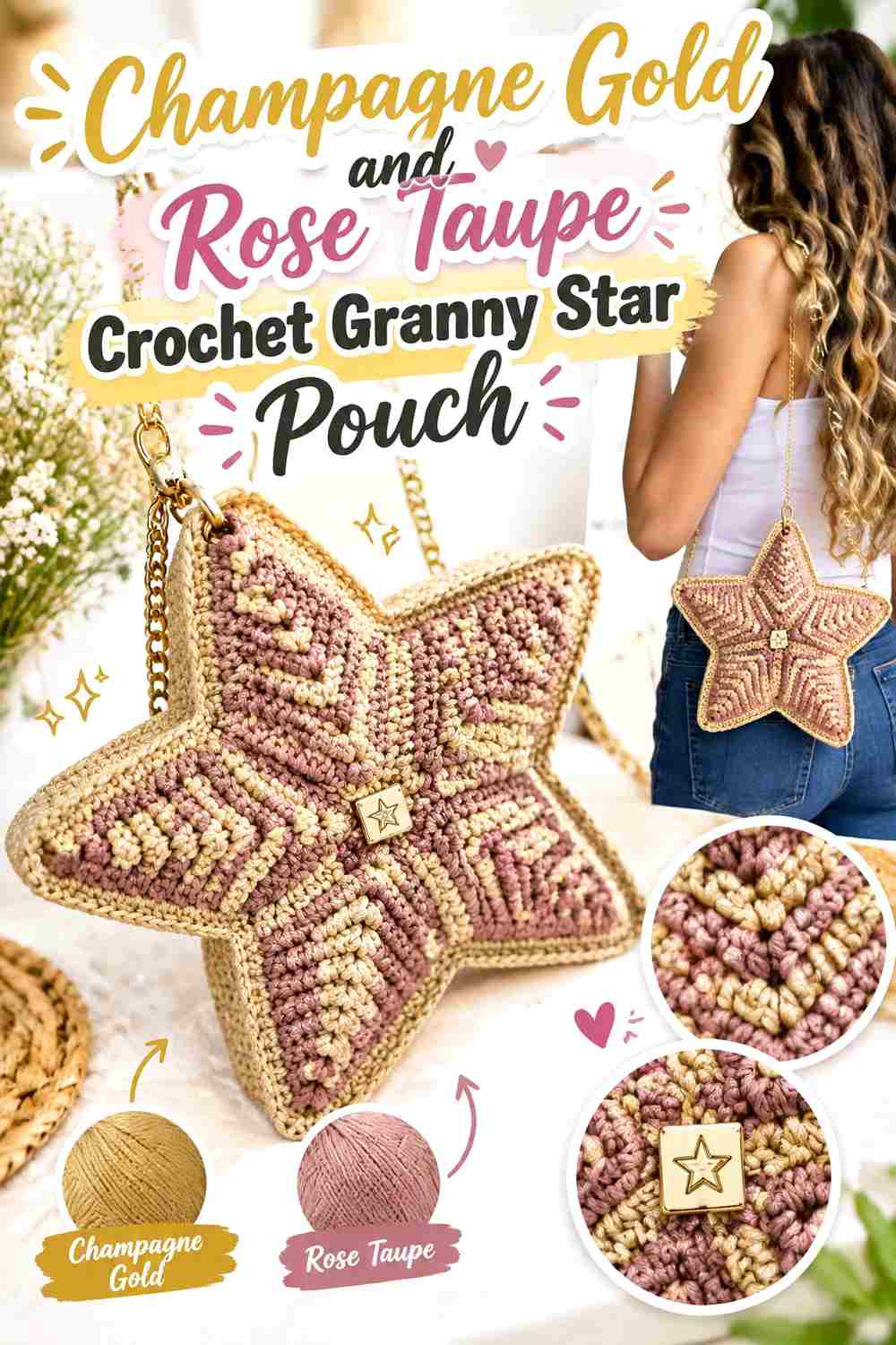 11. Champagne Gold And Rose Taupe Crochet Granny Star Pouch
