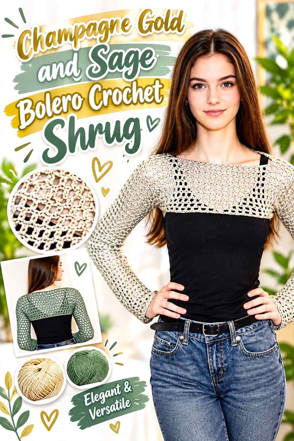 8. Champagne Gold And Sage Bolero Crochet Shrug