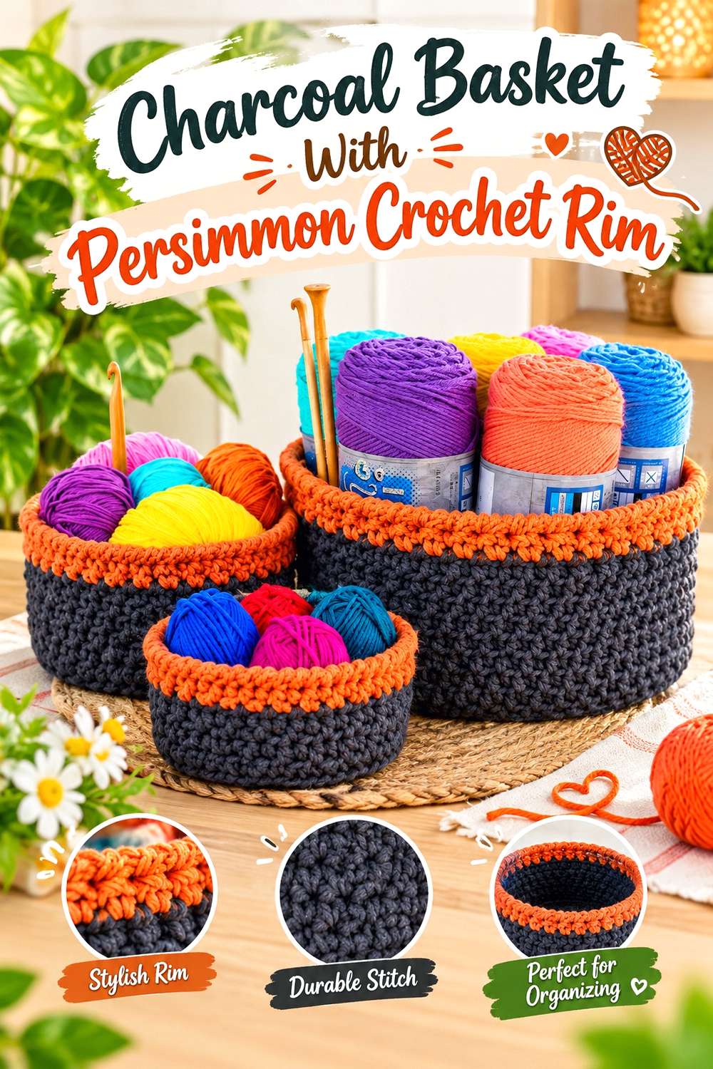 Charcoal Basket With Persimmon Crochet Rim