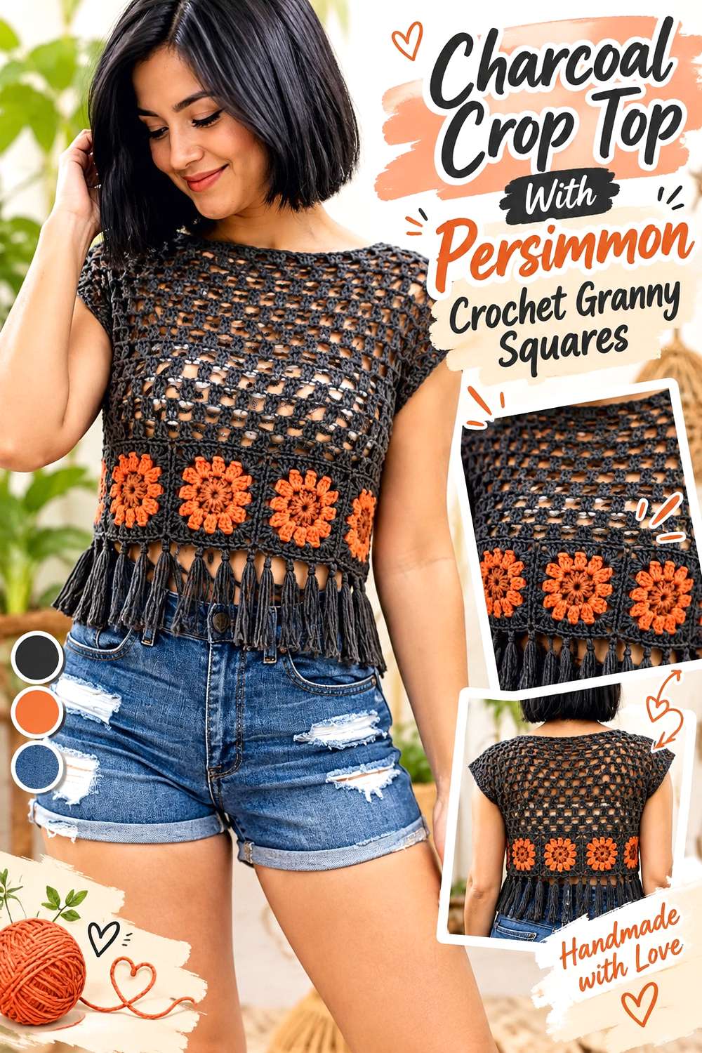 Charcoal Crop Top With Persimmon Crochet Granny Squares