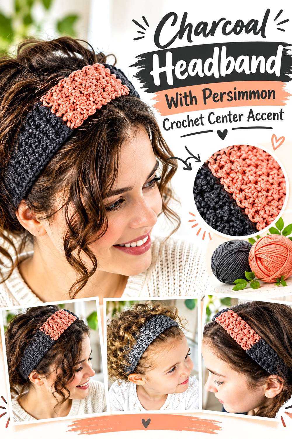 Charcoal Headband With Persimmon Crochet Center Accent