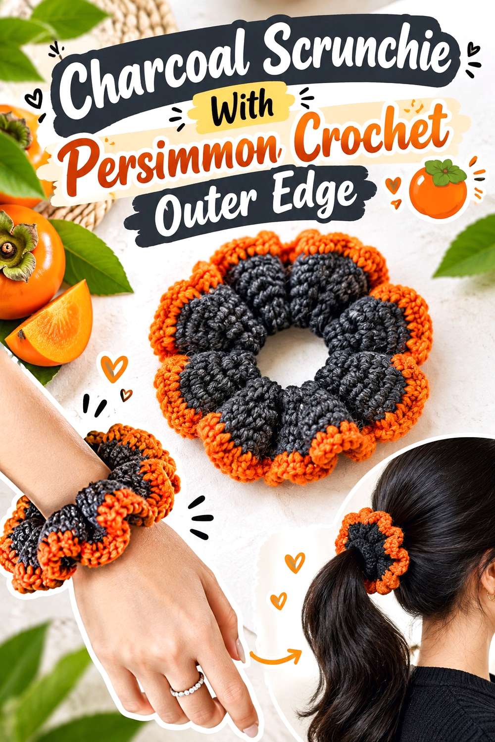 Charcoal Scrunchie With Persimmon Crochet Outer Edge