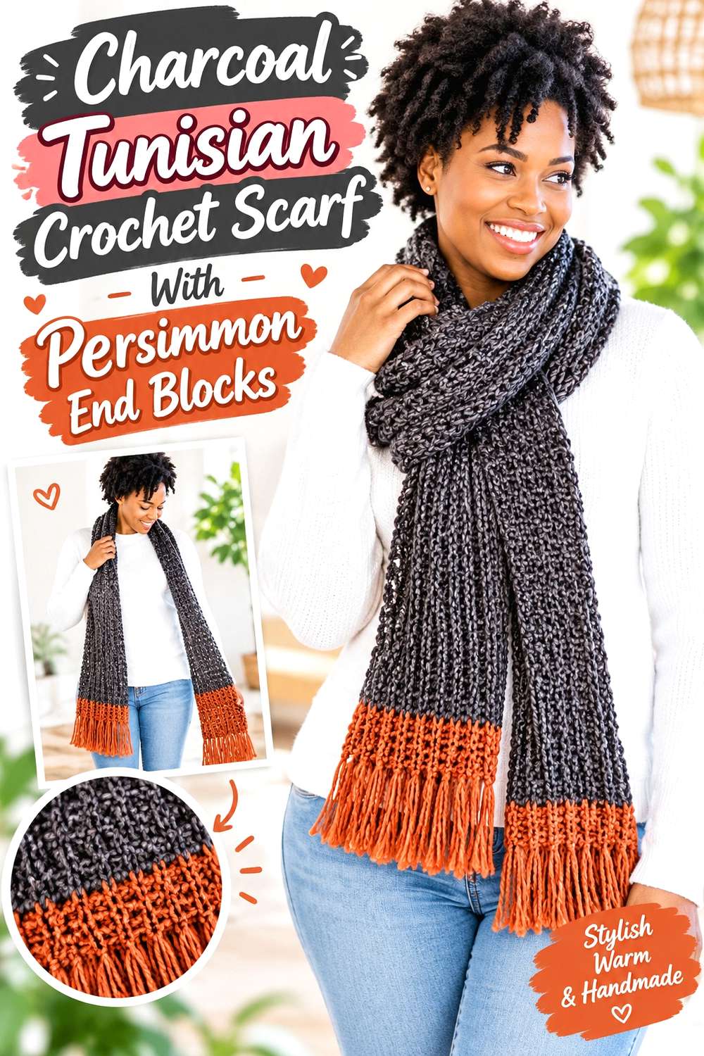 Charcoal Tunisian Crochet Scarf With Persimmon End Blocks