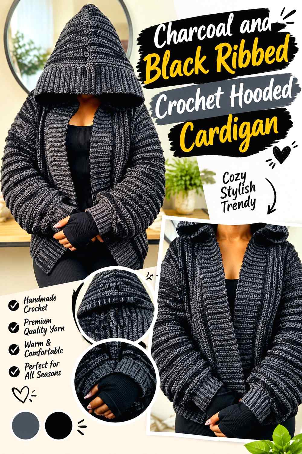 6. Charcoal And Black Ribbed Crochet Hooded Cardigan