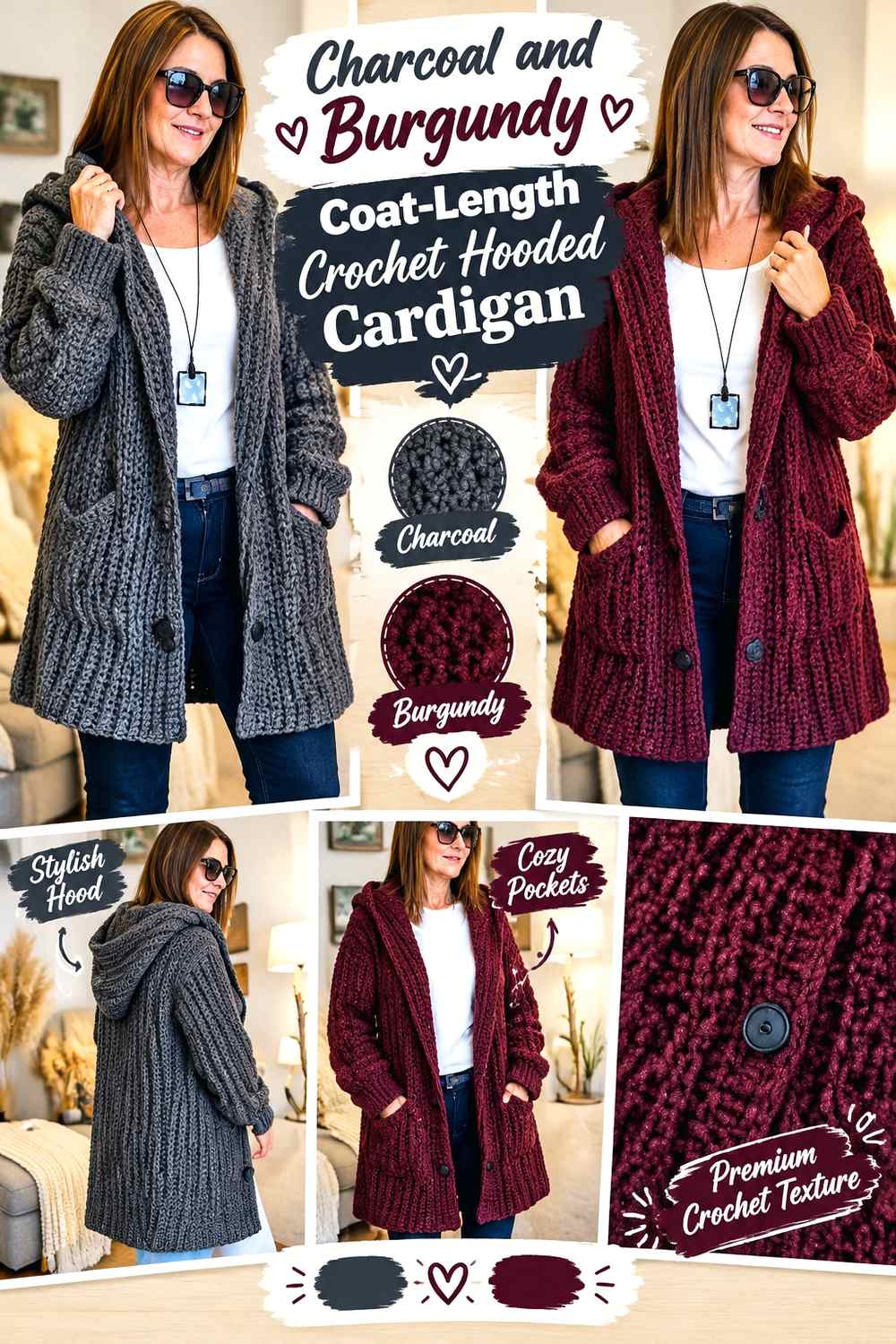 4. Charcoal And Burgundy Coat Length Crochet Hooded Cardigan