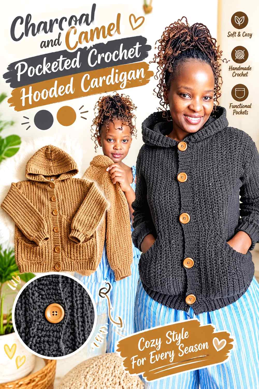 7. Charcoal And Camel Pocketed Crochet Hooded Cardigan