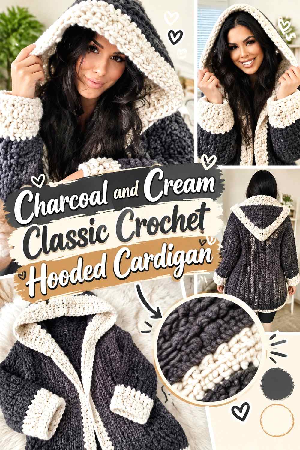 1. Charcoal And Cream Classic Crochet Hooded Cardigan