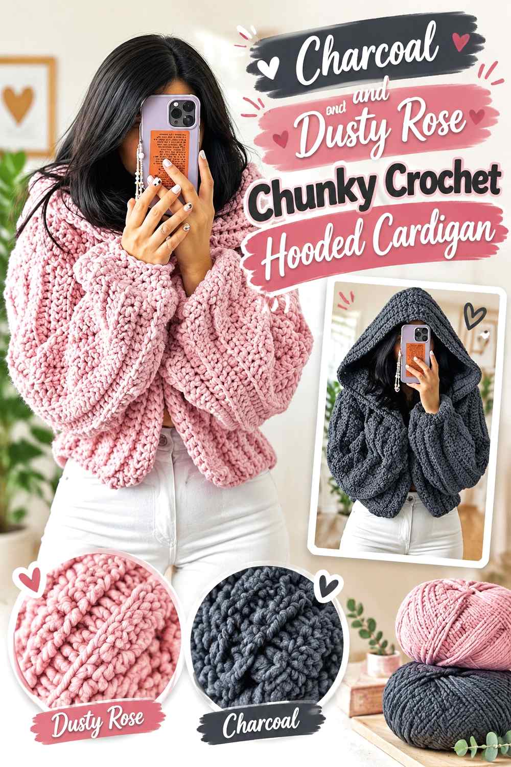 9. Charcoal And Dusty Rose Chunky Crochet Hooded Cardigan