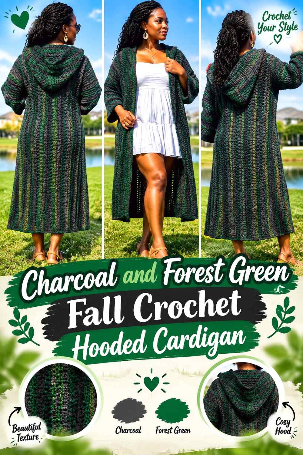 11. Charcoal And Forest Green Fall Crochet Hooded Cardigan
