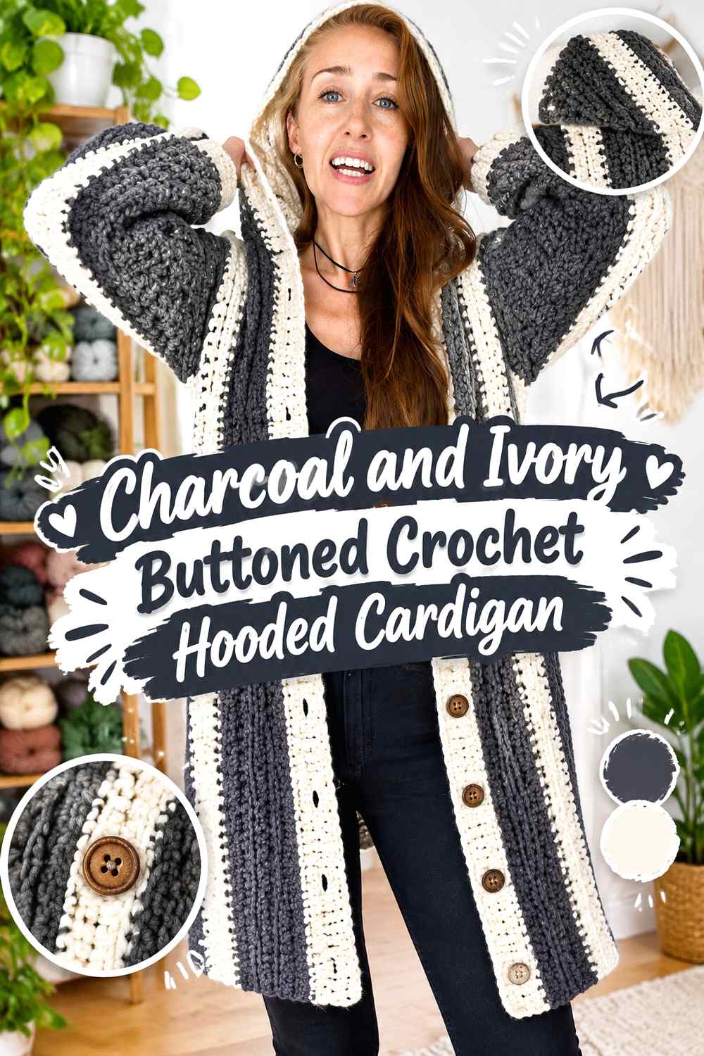 8. Charcoal And Ivory Buttoned Crochet Hooded Cardigan