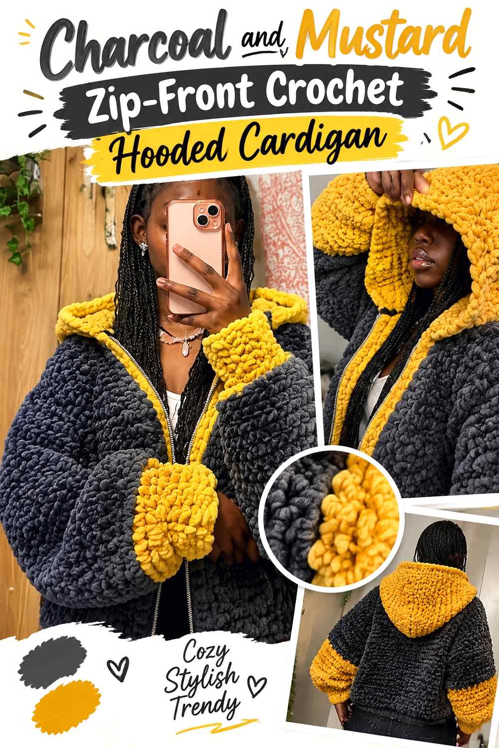 10. Charcoal And Mustard Zip Front Crochet Hooded Cardigan