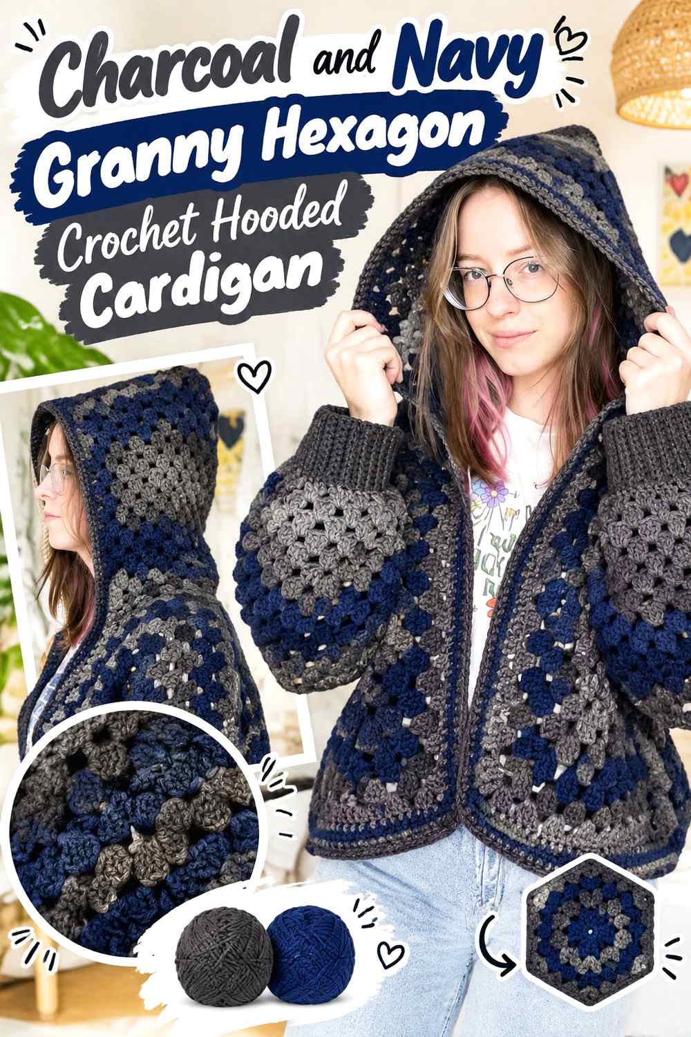 16. Charcoal And Navy Granny Hexagon Crochet Hooded Cardigan