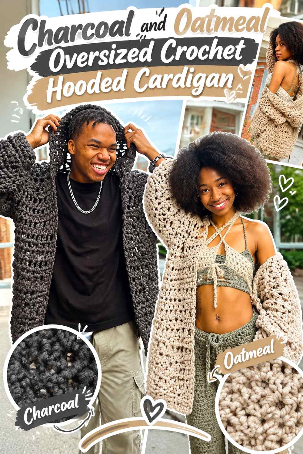 2. Charcoal And Oatmeal Oversized Crochet Hooded Cardigan