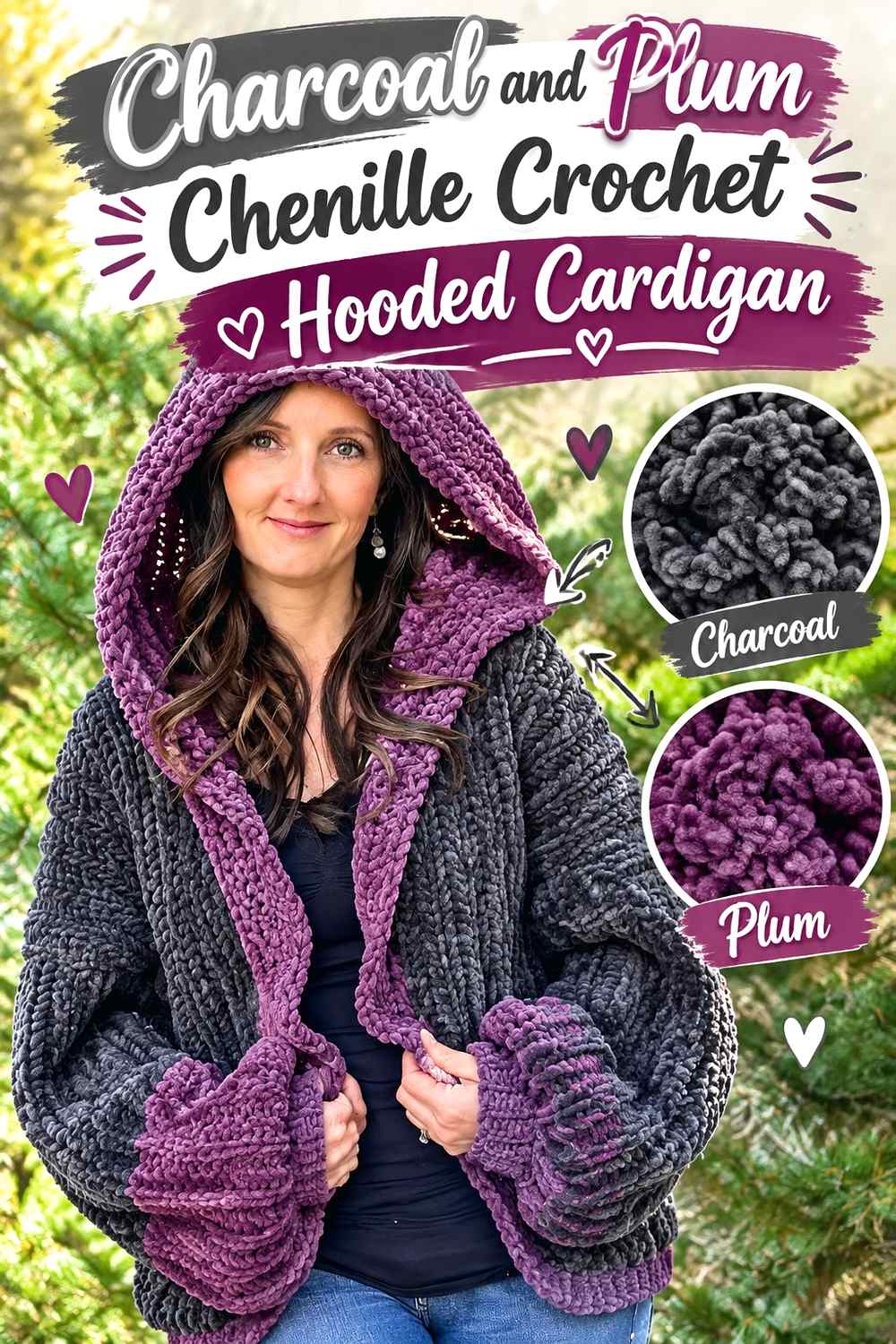 15. Charcoal And Plum Chenille Crochet Hooded Cardigan