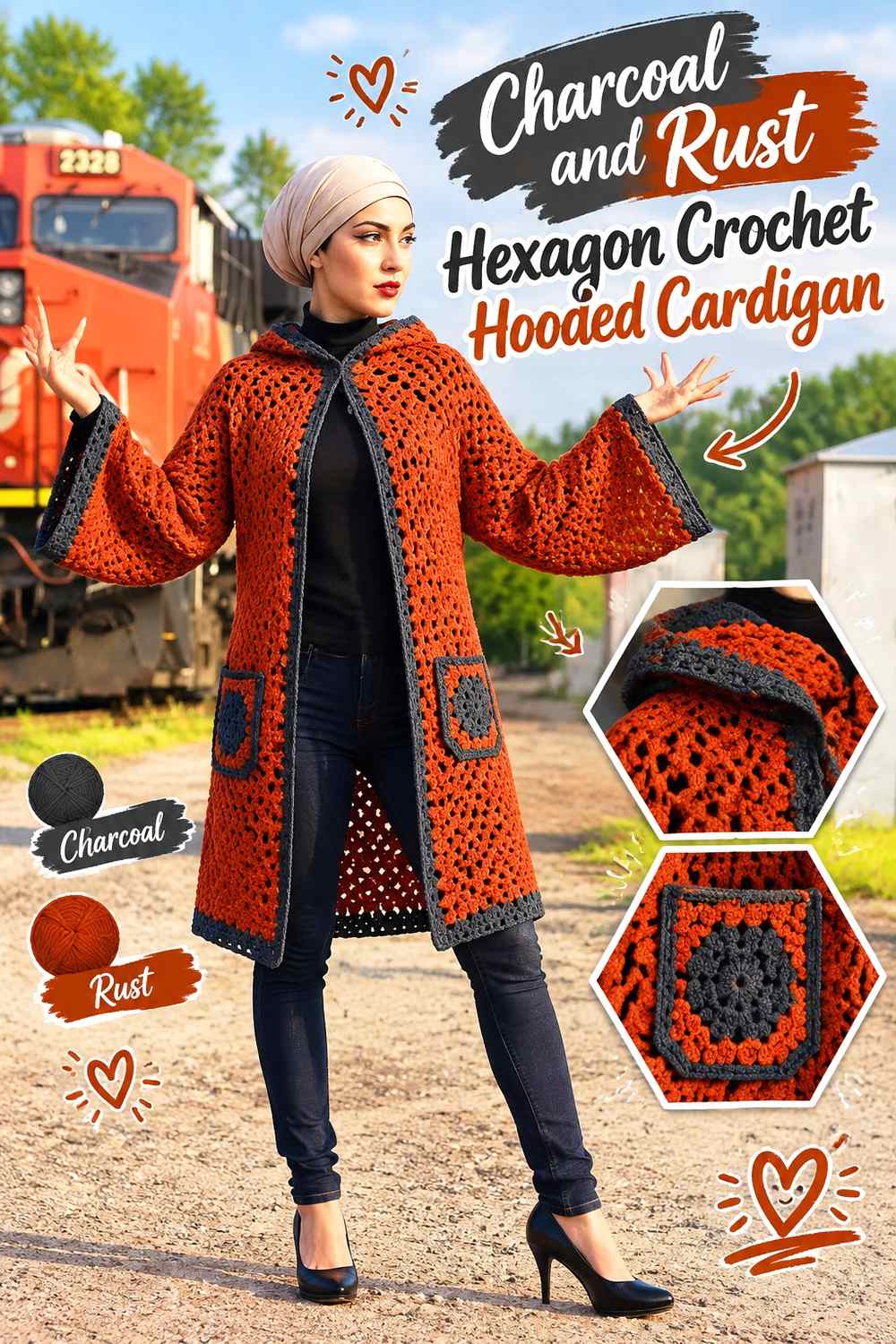 3. Charcoal And Rust Hexagon Crochet Hooded Cardigan