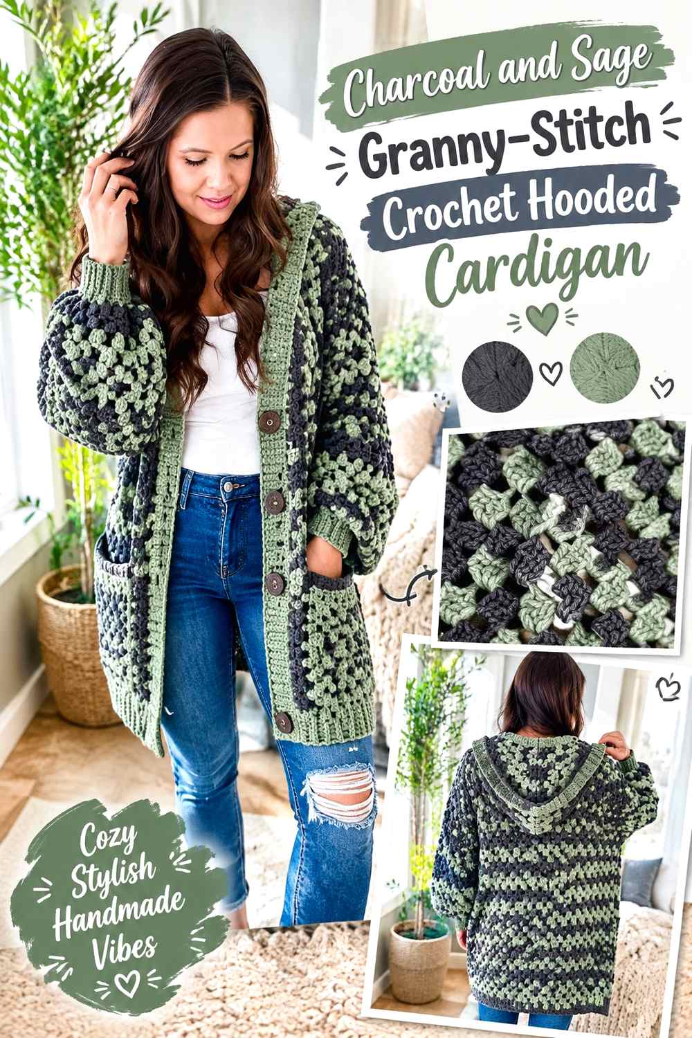 5. Charcoal And Sage Granny Stitch Crochet Hooded Cardigan