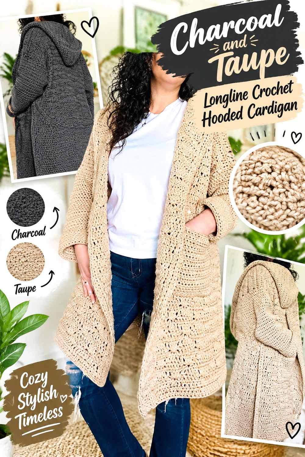 12. Charcoal And Taupe Longline Crochet Hooded Cardigan