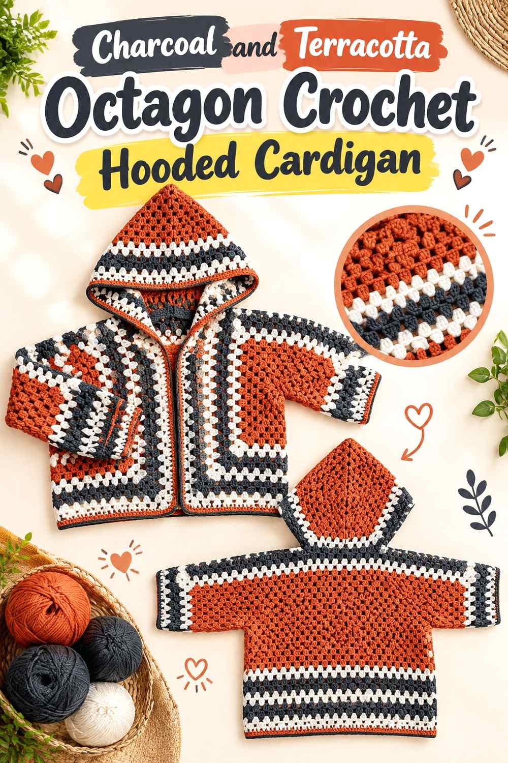 13. Charcoal And Terracotta Octagon Crochet Hooded Cardigan