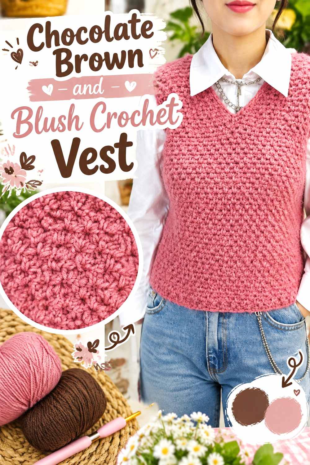 8. Chocolate Brown And Blush Crochet Vest