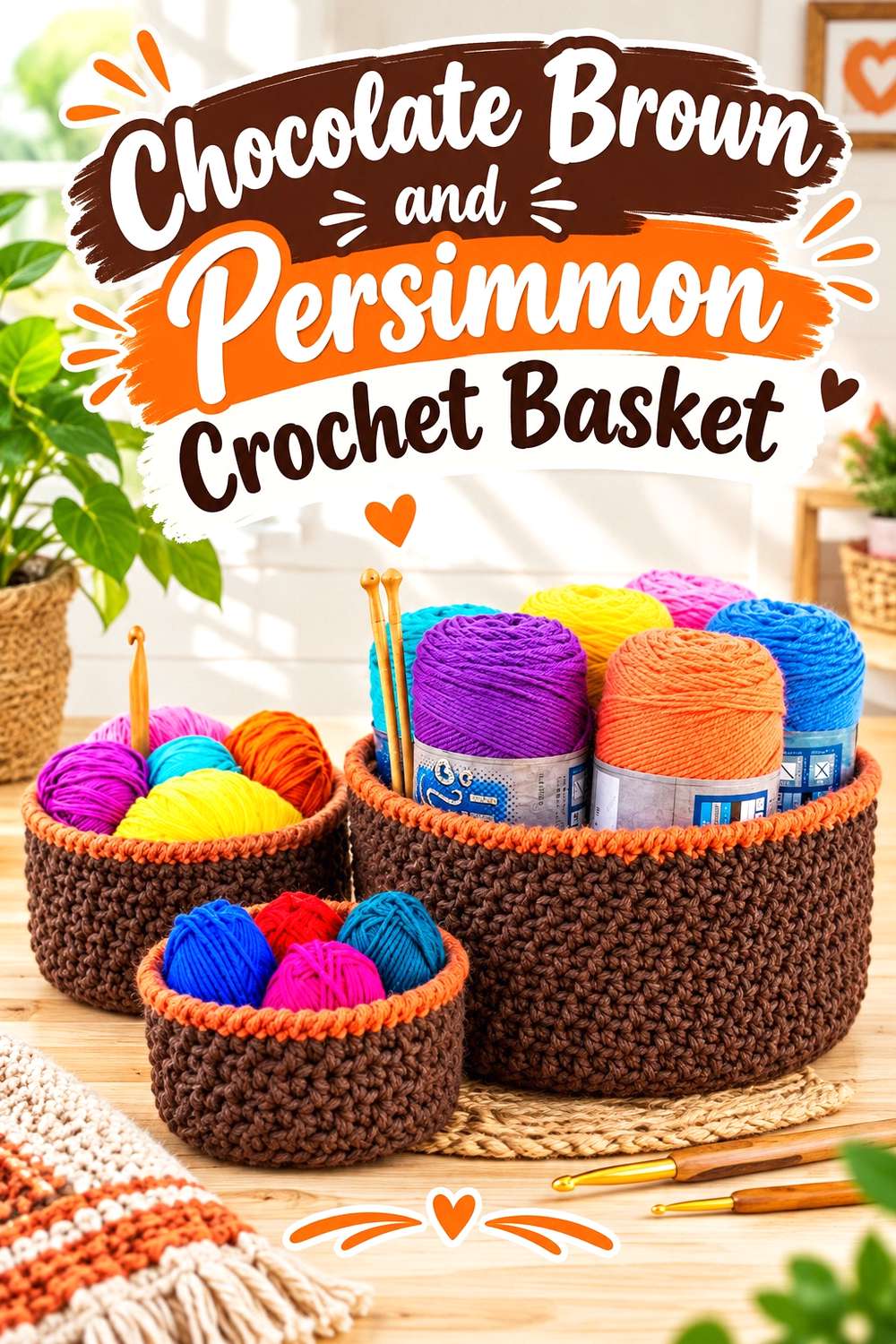 Chocolate Brown and Persimmon Crochet Basket
