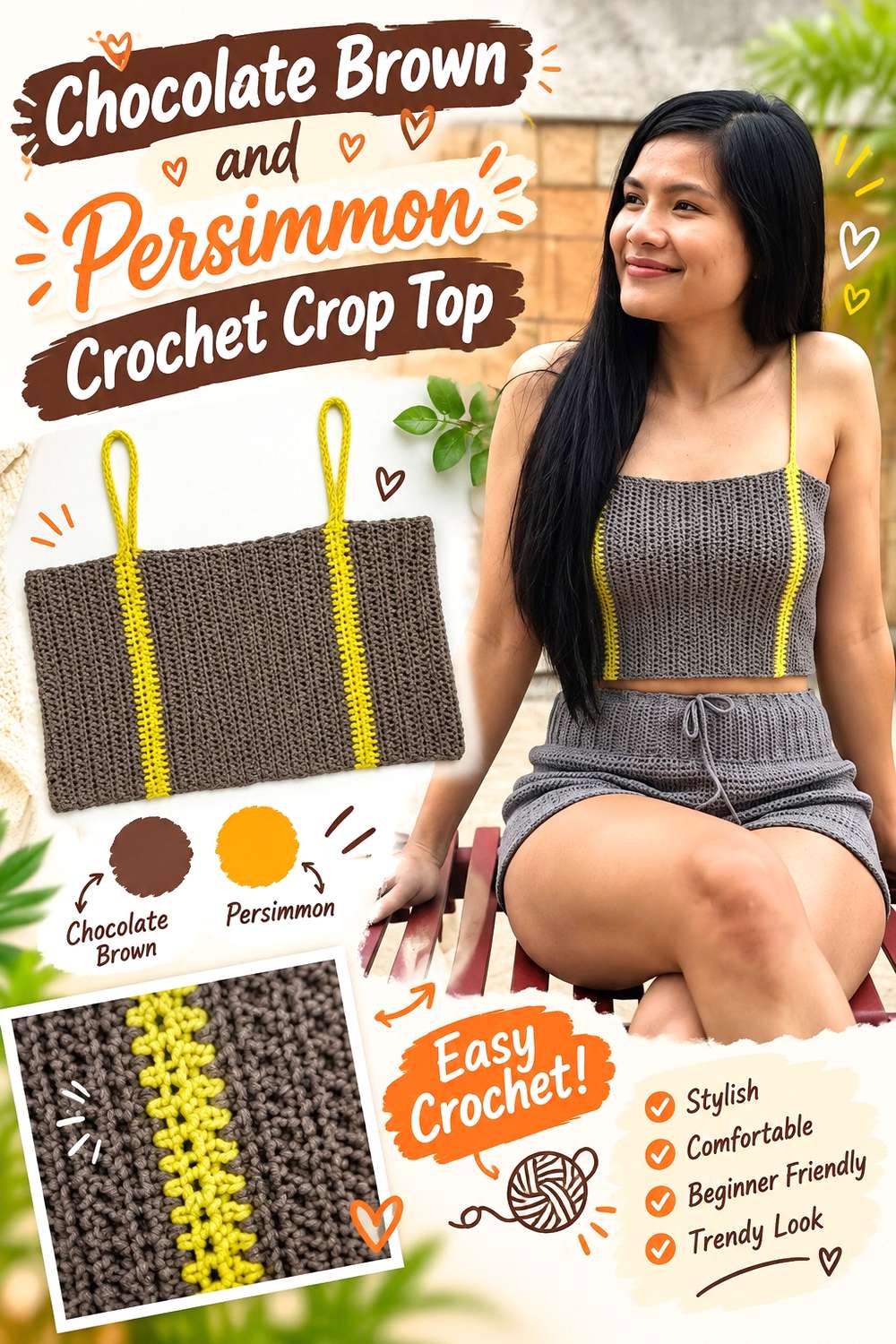 Chocolate Brown and Persimmon Crochet Crop Top