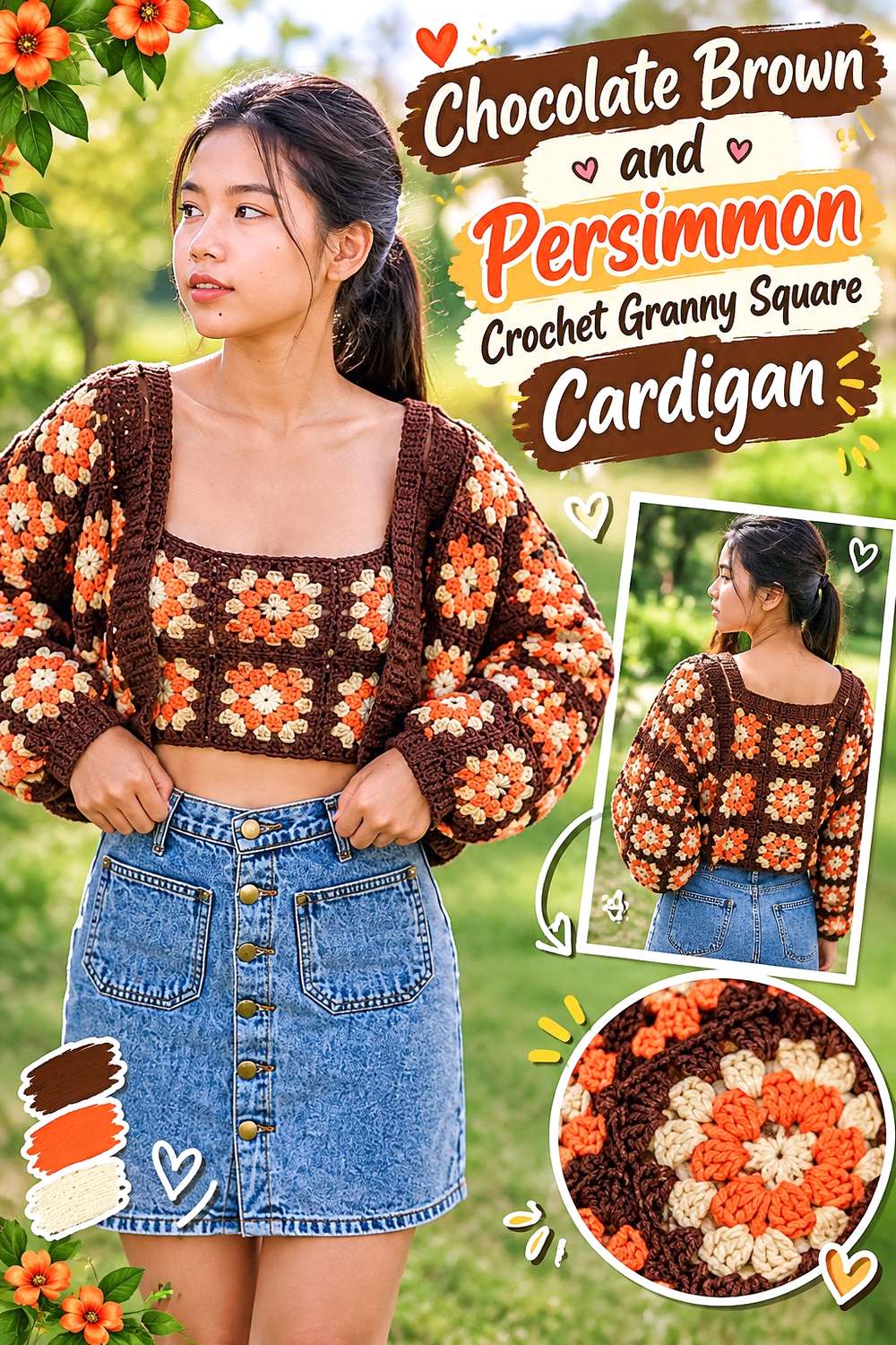 Chocolate Brown and Persimmon Crochet Granny Square Cardigan