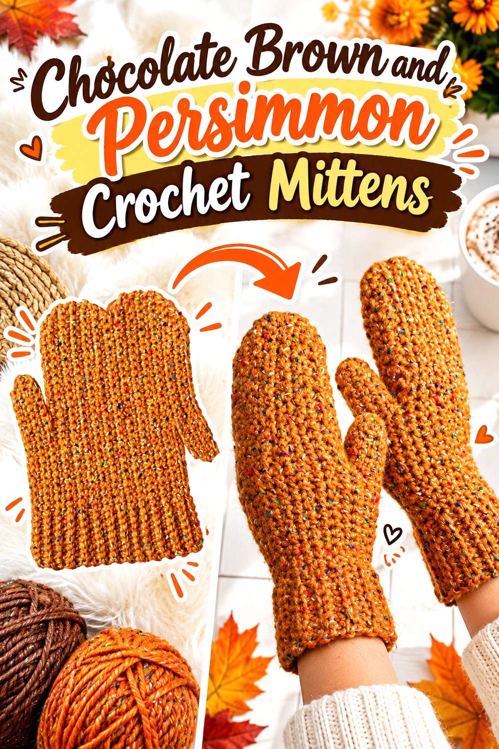 Chocolate Brown and Persimmon Crochet Mittens