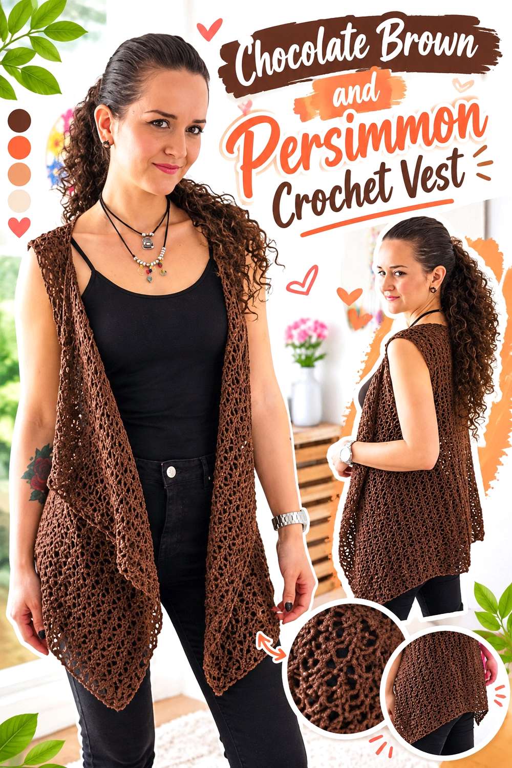 Chocolate Brown and Persimmon Crochet Vest