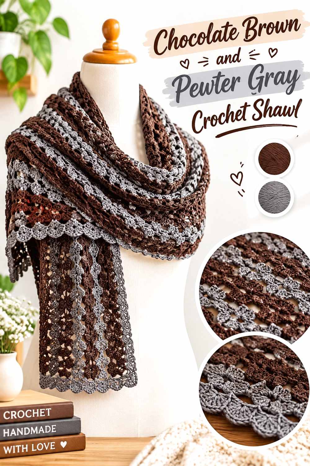 13. Chocolate Brown And Pewter Gray Crochet Shawl