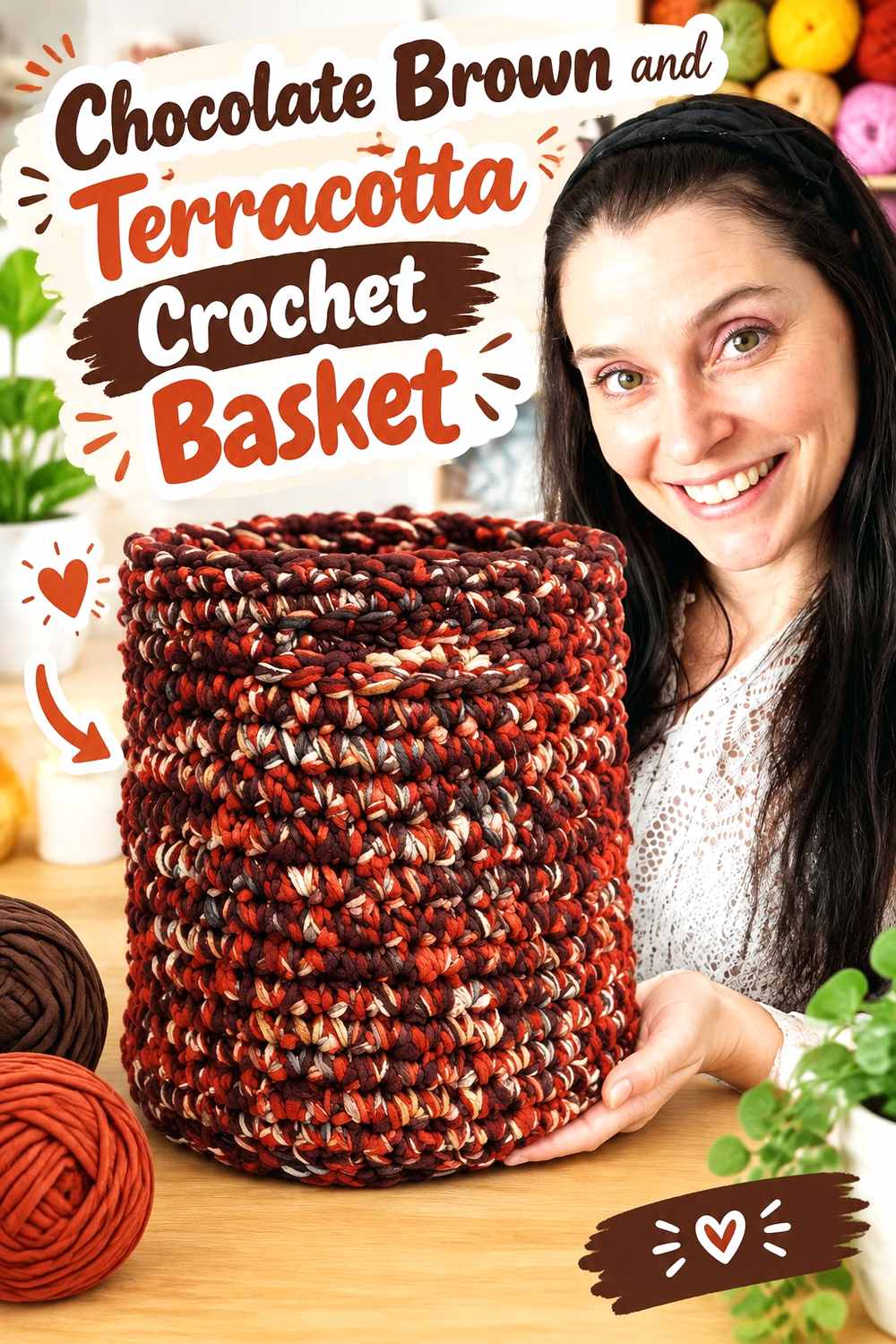 14. Chocolate Brown And Terracotta Crochet Basket