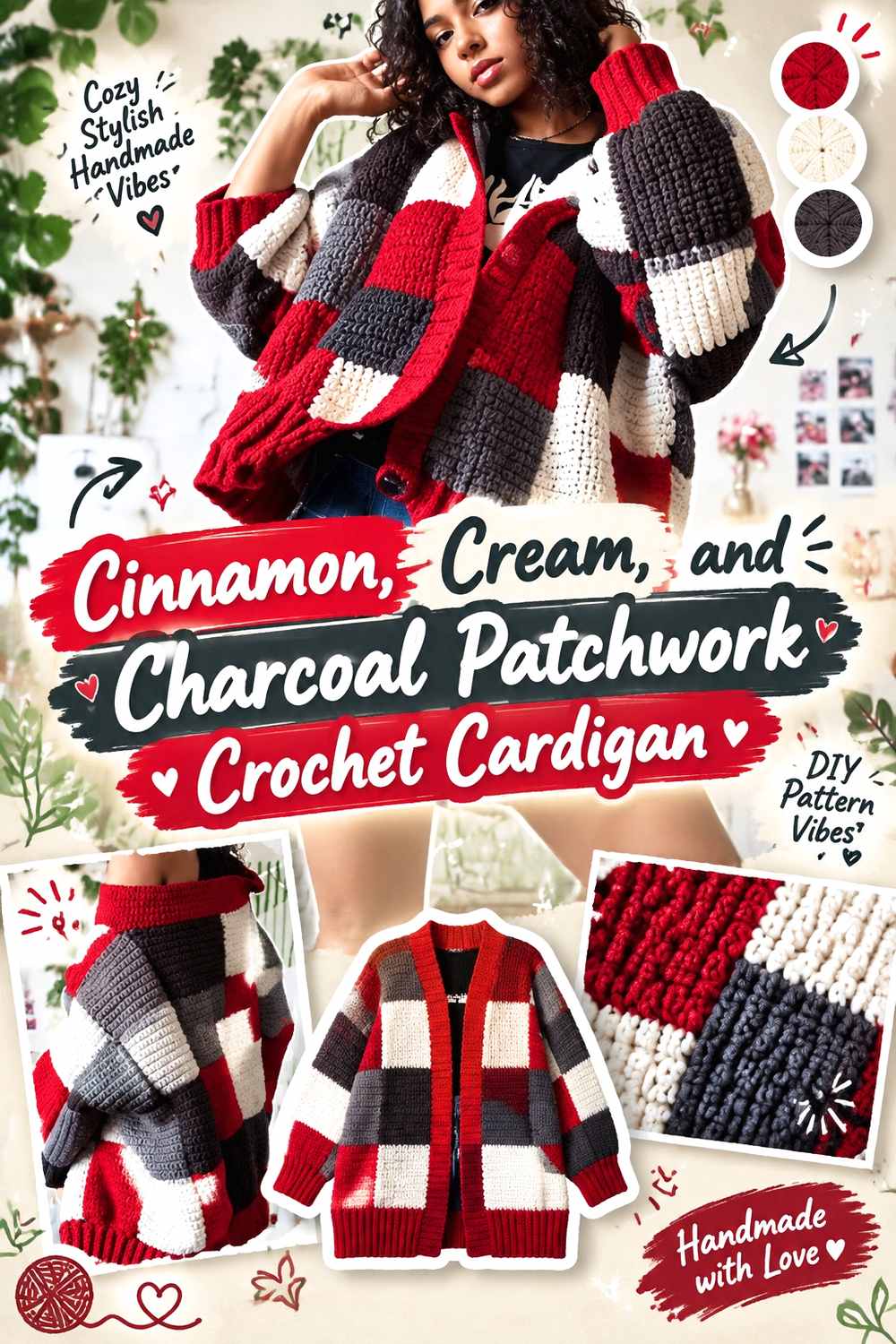 1. Cinnamon Cream And Charcoal Patchwork Crochet Cardigan