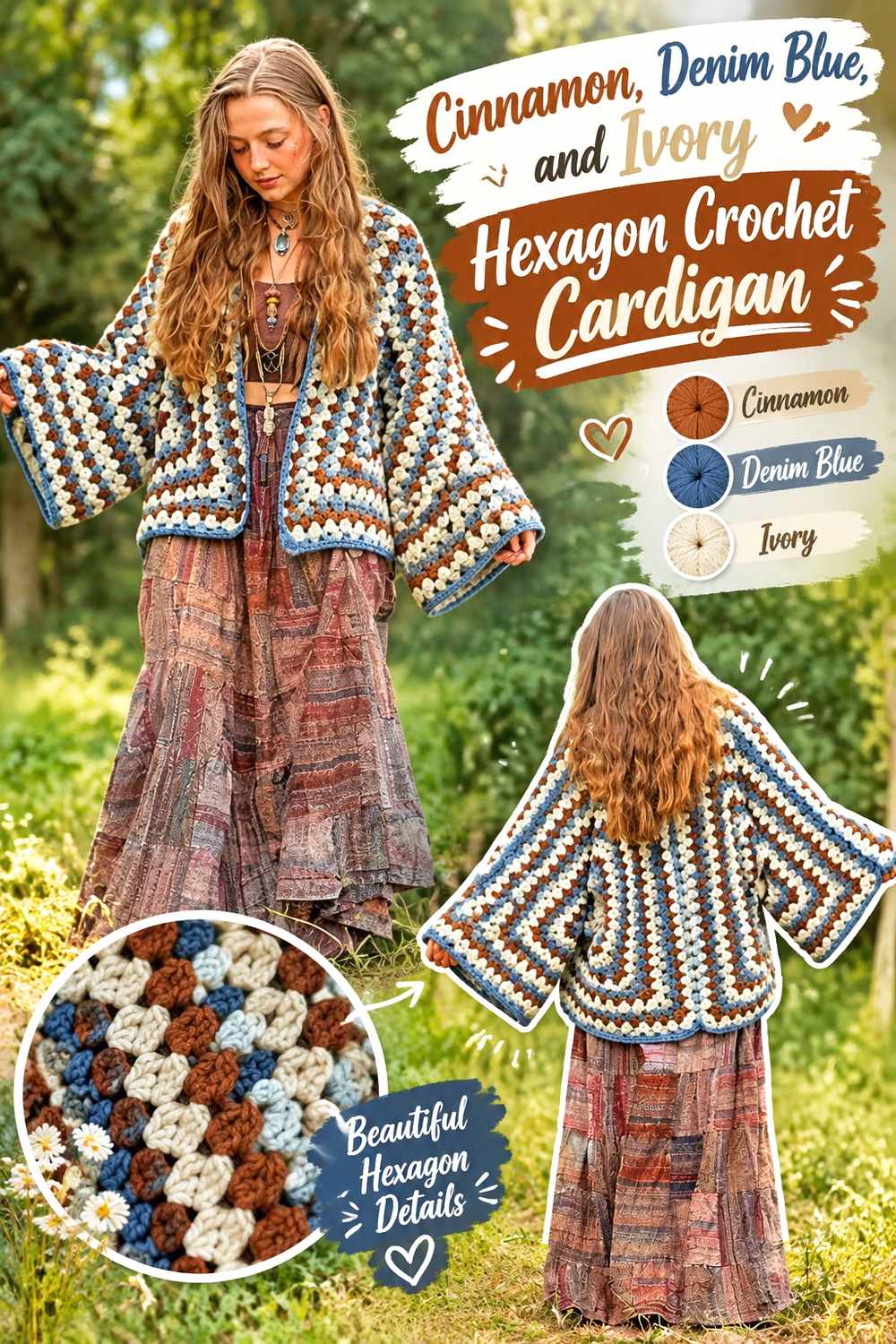16. Cinnamon Denim Blue And Ivory Hexagon Crochet Cardigan