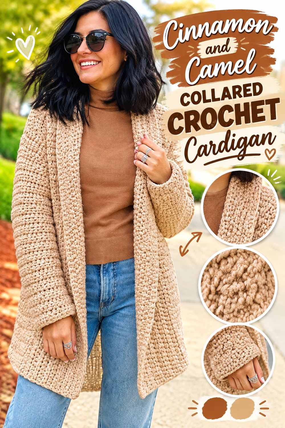 7. Cinnamon And Camel Collared Crochet Cardigan