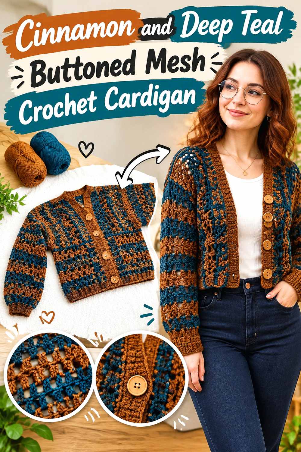 6. Cinnamon And Deep Teal Buttoned Mesh Crochet Cardigan