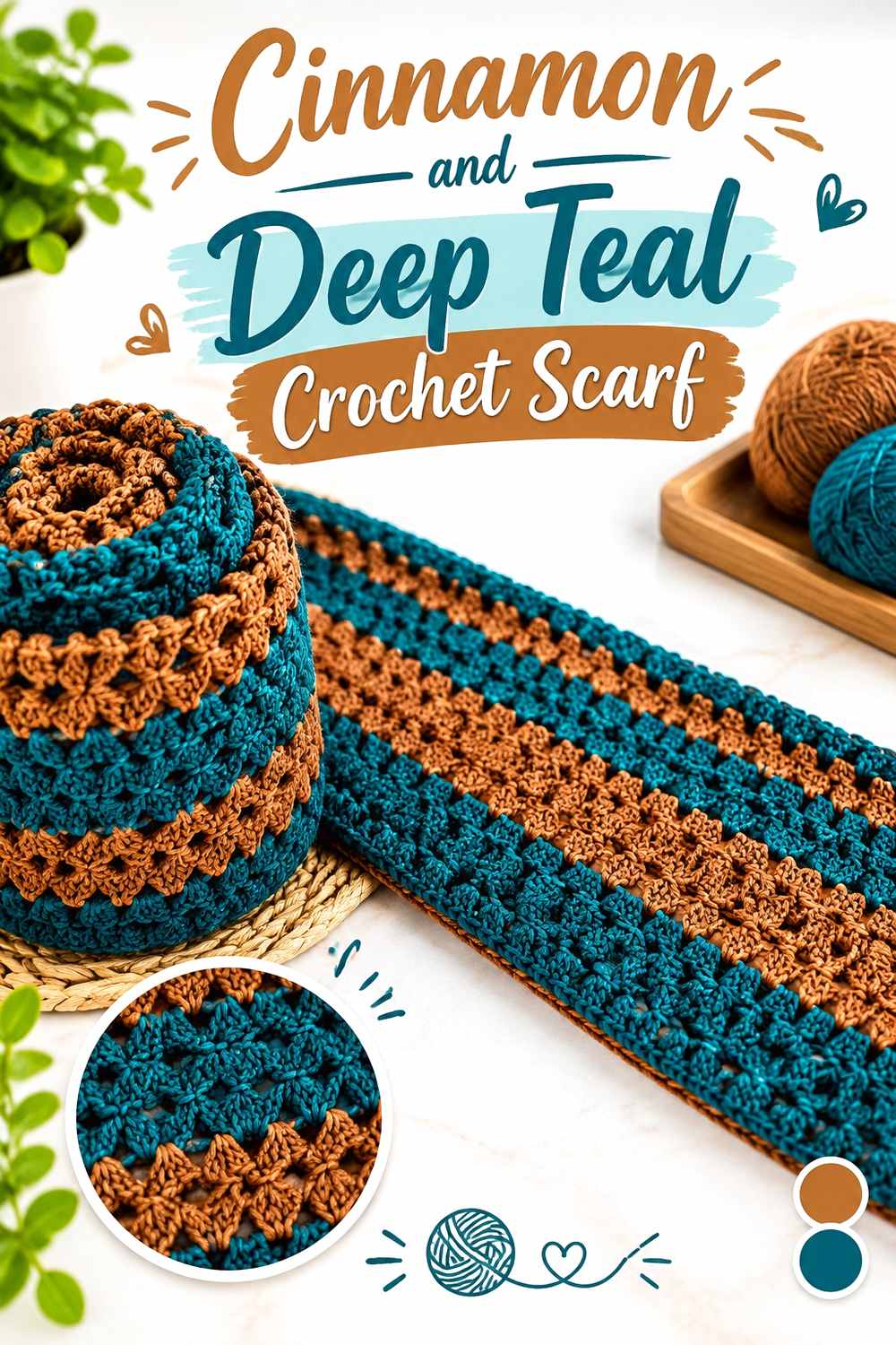 6. Cinnamon And Deep Teal Crochet Scarf