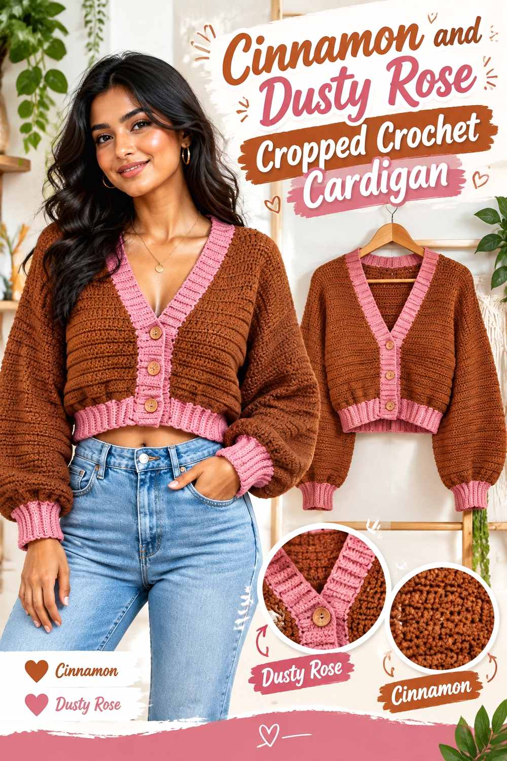 3. Cinnamon And Dusty Rose Cropped Crochet Cardigan