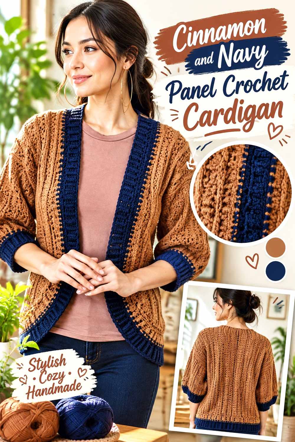 4. Cinnamon And Navy Panel Crochet Cardigan